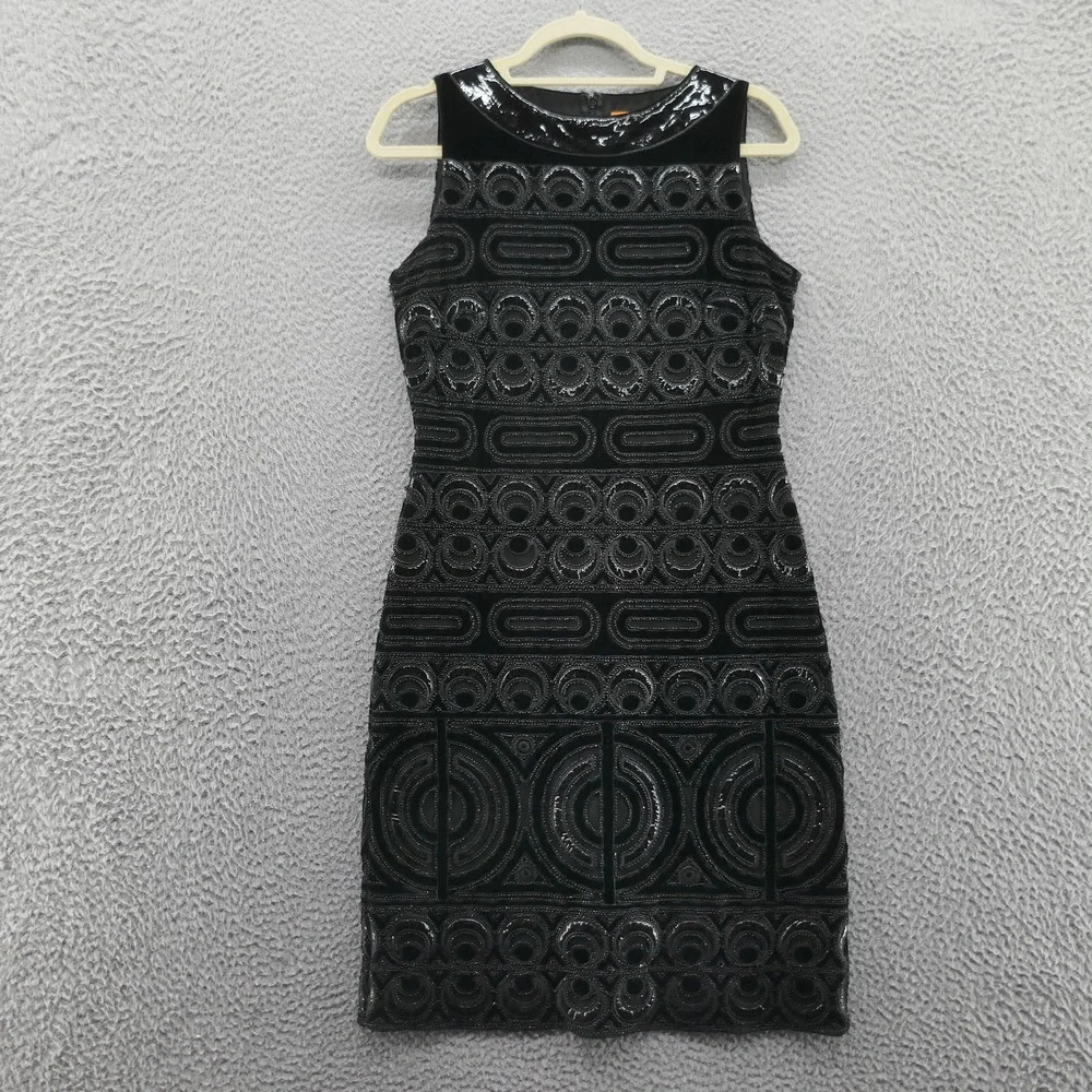Tory Burch Womens‎ Beaded Velvet Patent Leather Sheath Dress 4 Black Cocktail